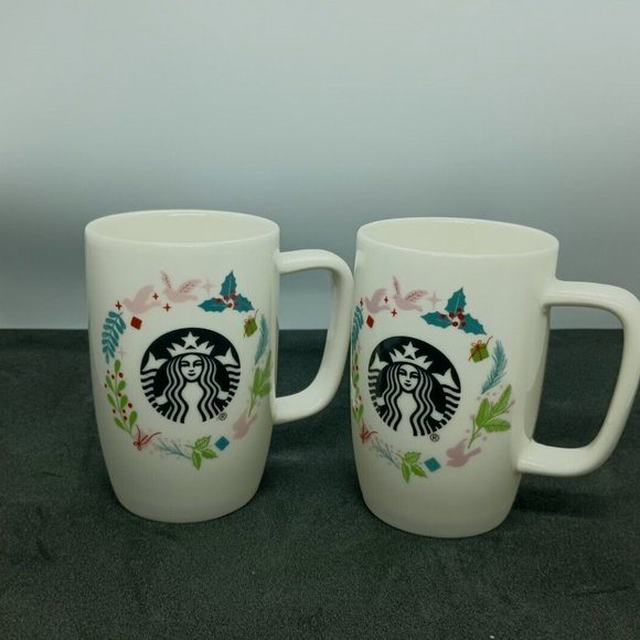 Set of 2 Starbucks White Holiday Wreath Mermaid Logo 8oz Mugs Doves Mistletoe - Picture 4 of 6